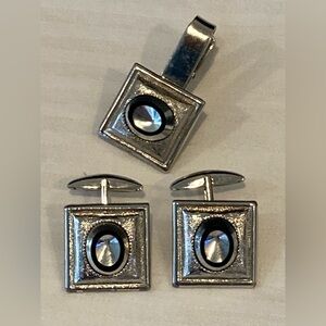VTG Sarah Coventry Silver Tone Men's Cuff Links Tie Clip Set *Mirror Like Design